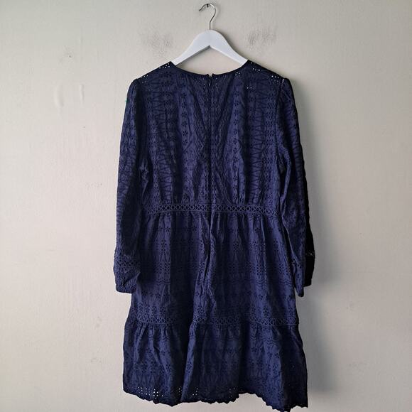 J. Crew Eyelet Lace Dress Long Sleeve Flutter Hem Mini Navy Blue Womens Size 12 - Picture 5 of 15